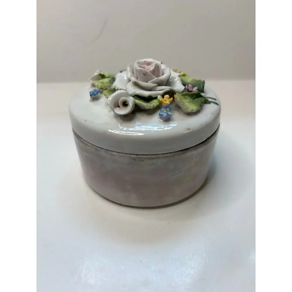 AS IS Porcelain Lidded Trinket Dish German Lusterware Applied Roses Powder Box